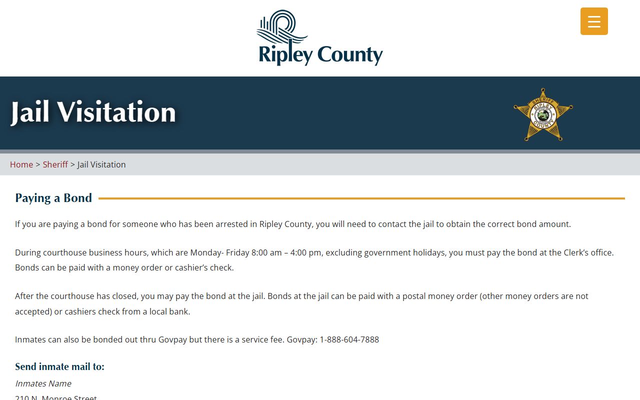 Ripley County jail visitation page with visitation, mail, JailATM, and bond rules